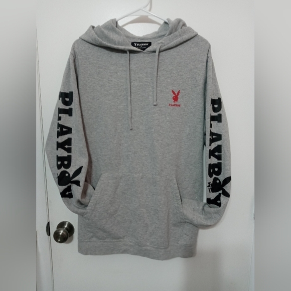 Playboy X PacSun pullover Logo Fleece Gray Hooded sweatshirt Kangaroo Pocket L - Picture 1 of 6